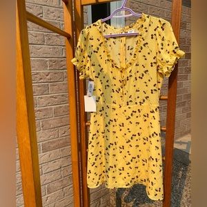 sunday best (aritzia) yellow dress with black cherry print